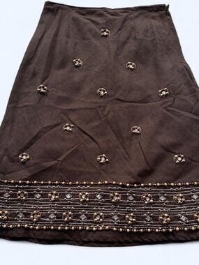 Vintage Y2K Willi Smith Brown Beaded Linen Blend Midi Skirt Size 8